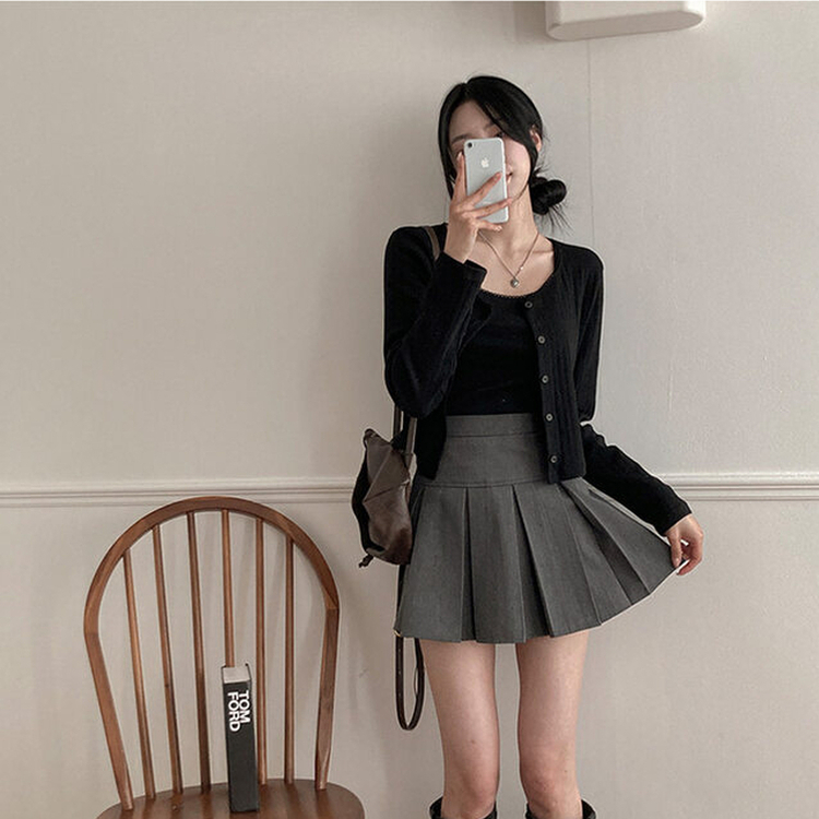 로아 펀칭 레이스 골지 나시 가디건 세트 블랙