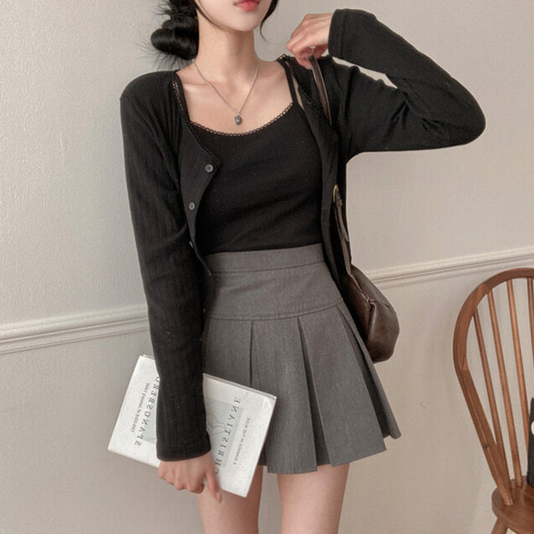 로아 펀칭 레이스 골지 나시 가디건 세트 블랙