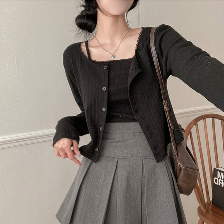 로아 펀칭 레이스 골지 나시 가디건 세트 블랙