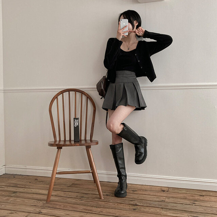 로아 펀칭 레이스 골지 나시 가디건 세트 블랙