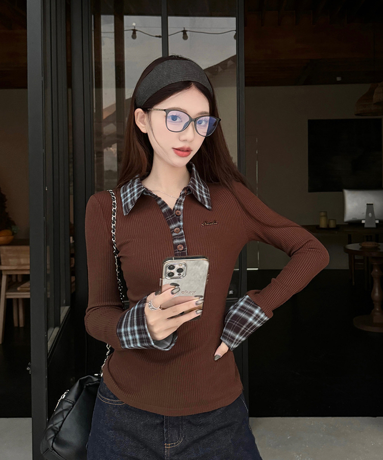 チェックシャツレイヤードTシャツ BROWN