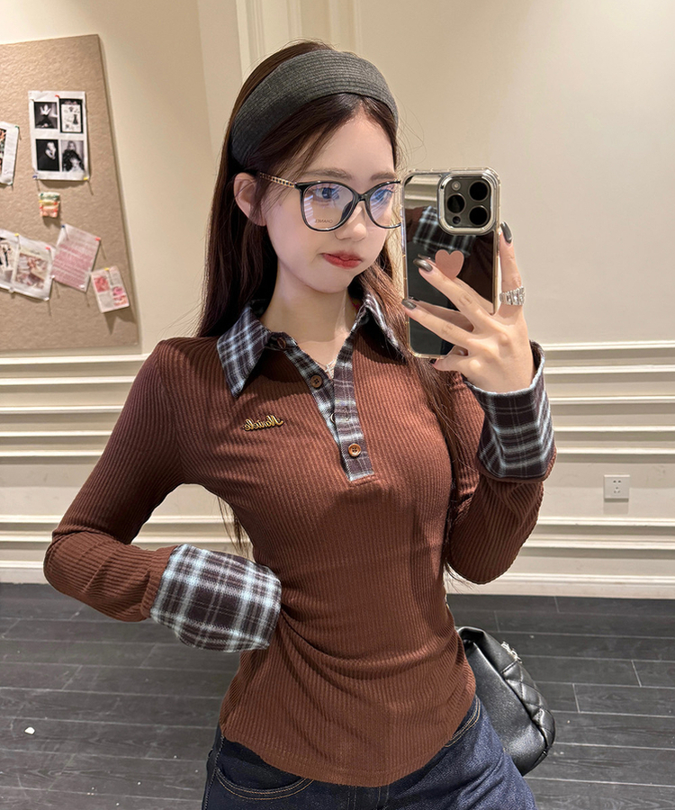 チェックシャツレイヤードTシャツ BROWN