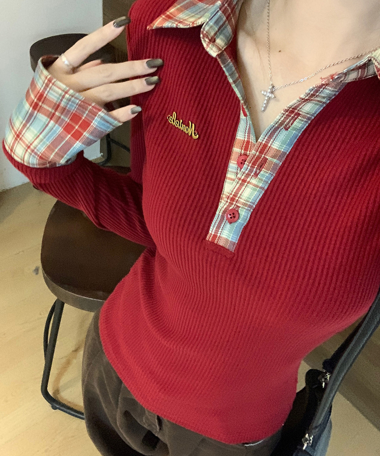 チェックシャツレイヤードTシャツ RED