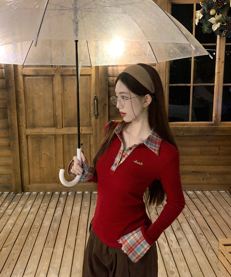 チェックシャツレイヤードTシャツ RED