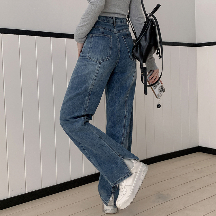【丈別】ハイウエストバックスリットデニムパンツ BLUE