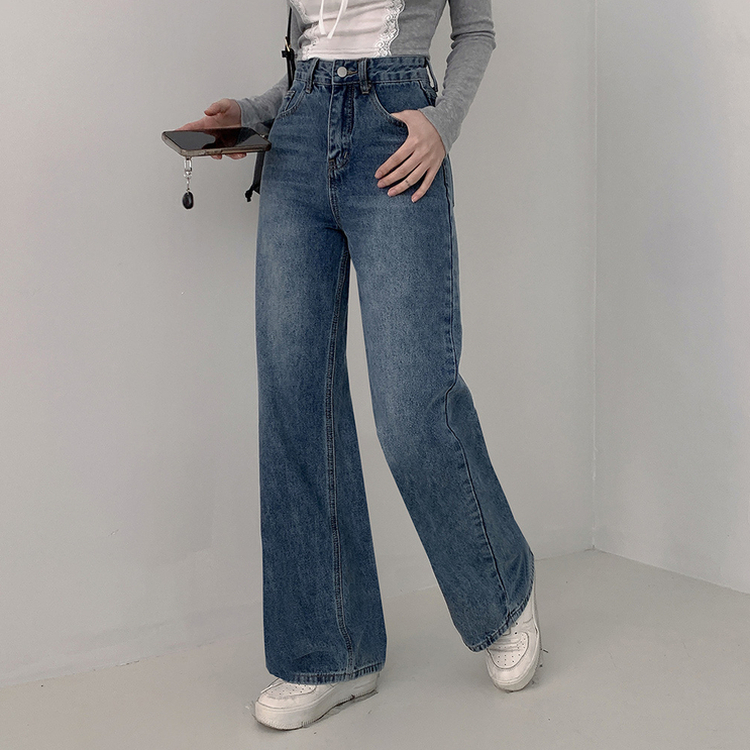 【丈別】ハイウエストバックスリットデニムパンツ BLUE
