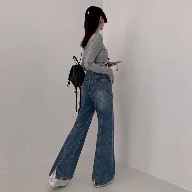 【丈別】ハイウエストバックスリットデニムパンツ BLUE