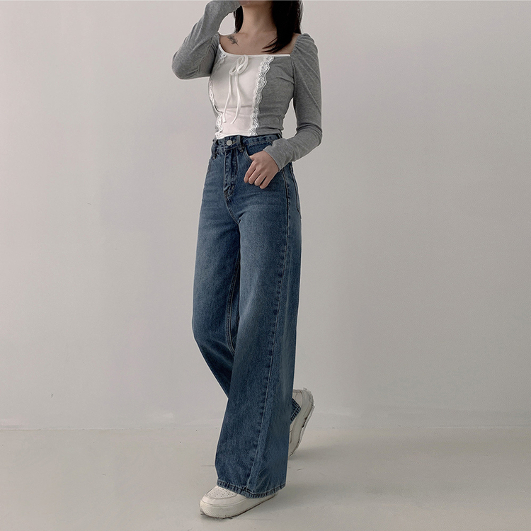 【丈別】ハイウエストバックスリットデニムパンツ BLUE