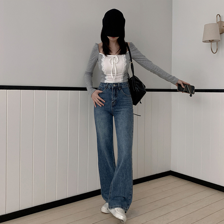 【丈別】ハイウエストバックスリットデニムパンツ BLUE