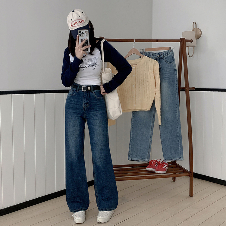 【丈別】ハイウエストバックスリットデニムパンツ DARK DENIM