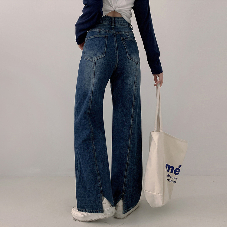 【丈別】ハイウエストバックスリットデニムパンツ DARK DENIM