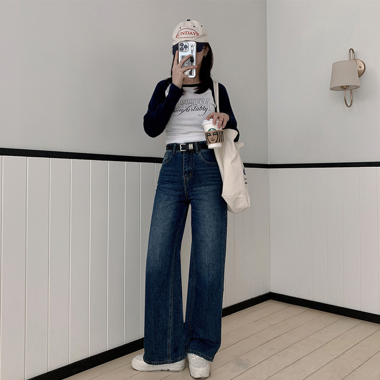 【丈別】ハイウエストバックスリットデニムパンツ DARK DENIM