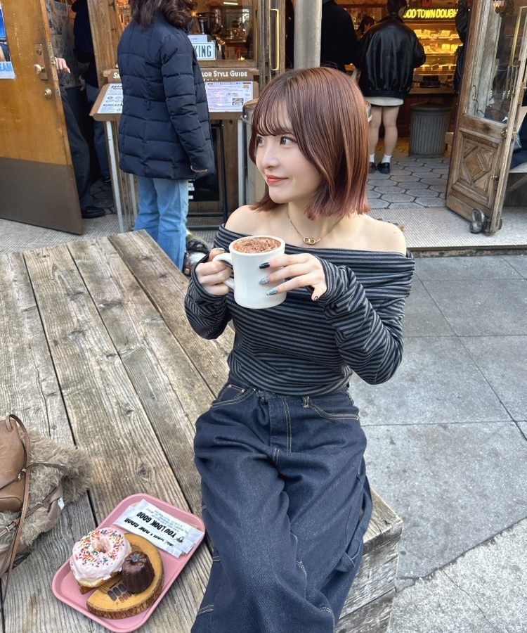 【マフラー付き】ストライプオフショルダーTシャツ CHARCOAL