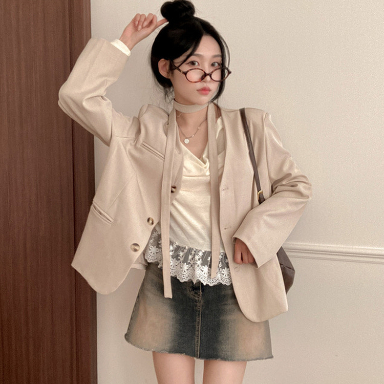 【タイ付き】ノーカラーブレザージャケット BEIGE