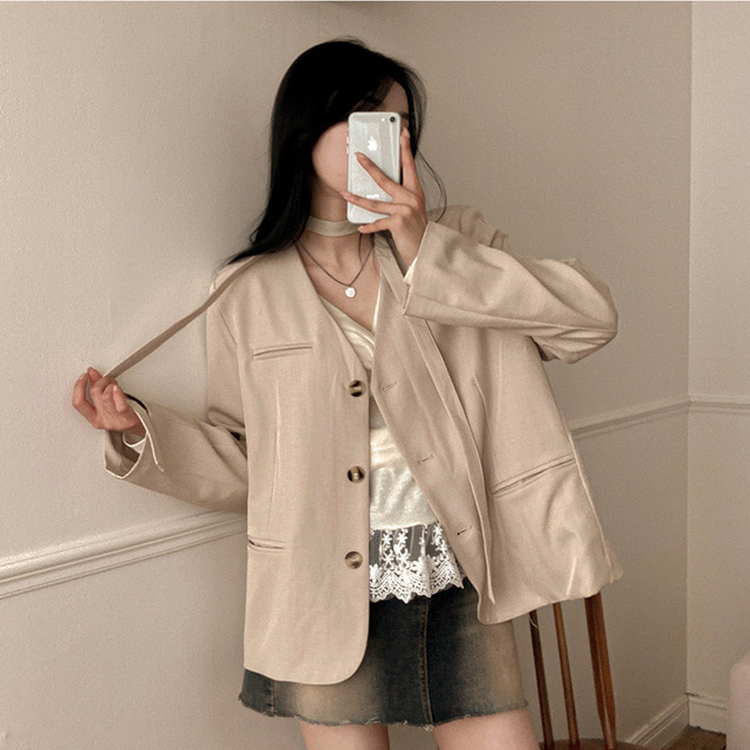 【タイ付き】ノーカラーブレザージャケット BEIGE