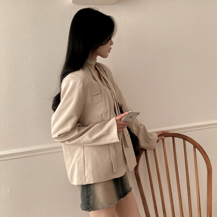 【タイ付き】ノーカラーブレザージャケット BEIGE