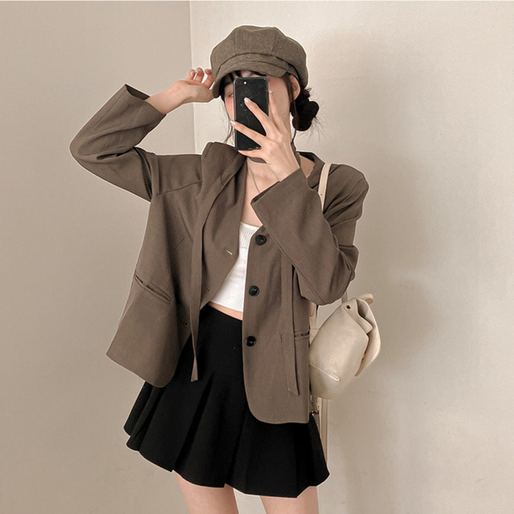 【タイ付き】ノーカラーブレザージャケット KHAKI