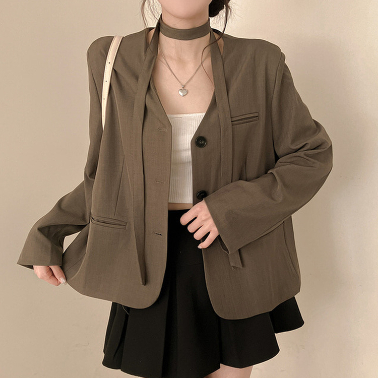 【タイ付き】ノーカラーブレザージャケット KHAKI