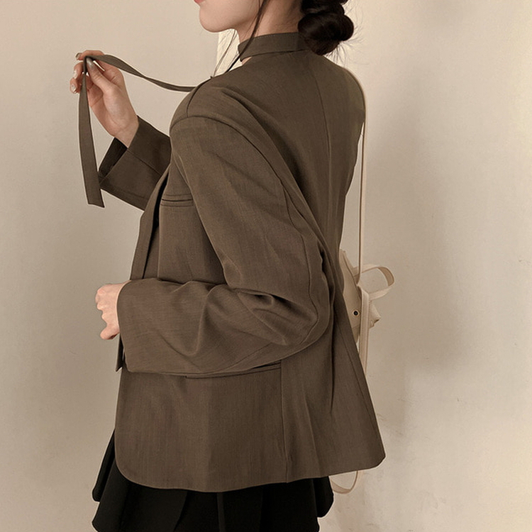 【タイ付き】ノーカラーブレザージャケット KHAKI