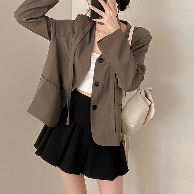 【タイ付き】ノーカラーブレザージャケット KHAKI