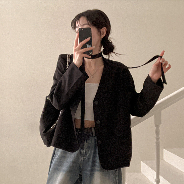 【タイ付き】ノーカラーブレザージャケット BLACK