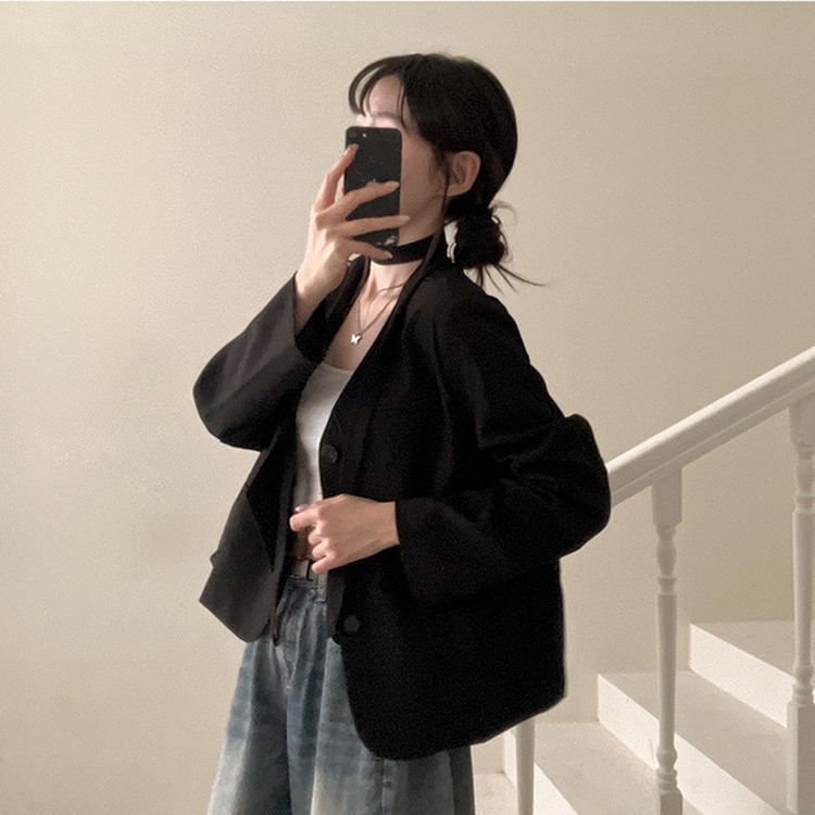 【タイ付き】ノーカラーブレザージャケット BLACK