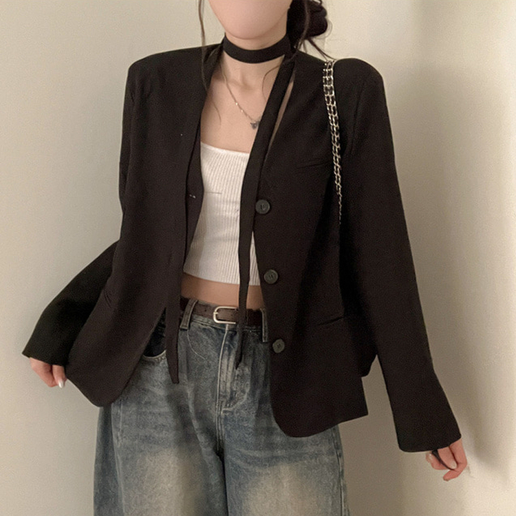 【タイ付き】ノーカラーブレザージャケット BLACK