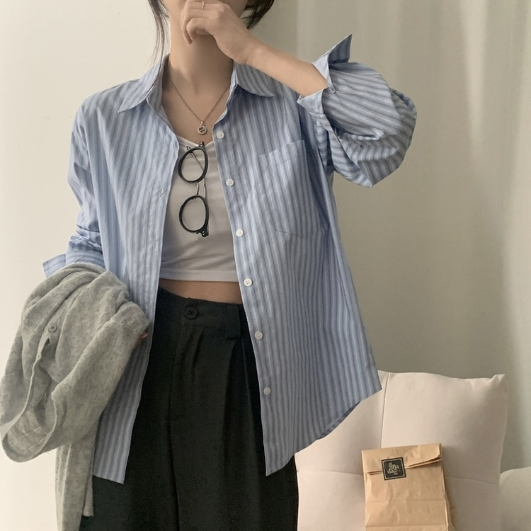 핑커 스트라이프 포켓 루즈핏 카라 셔츠남방 3color