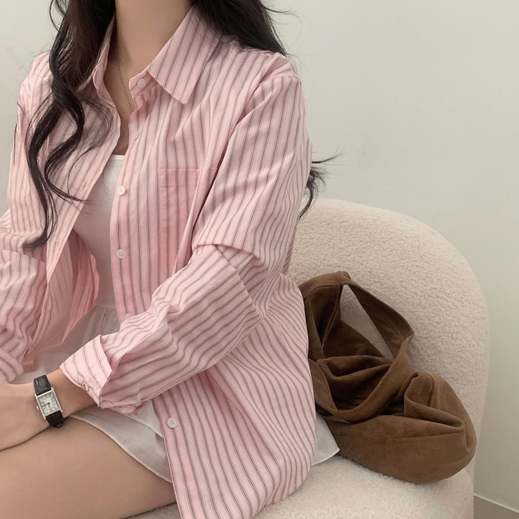 핑커 스트라이프 포켓 루즈핏 카라 셔츠남방 3color