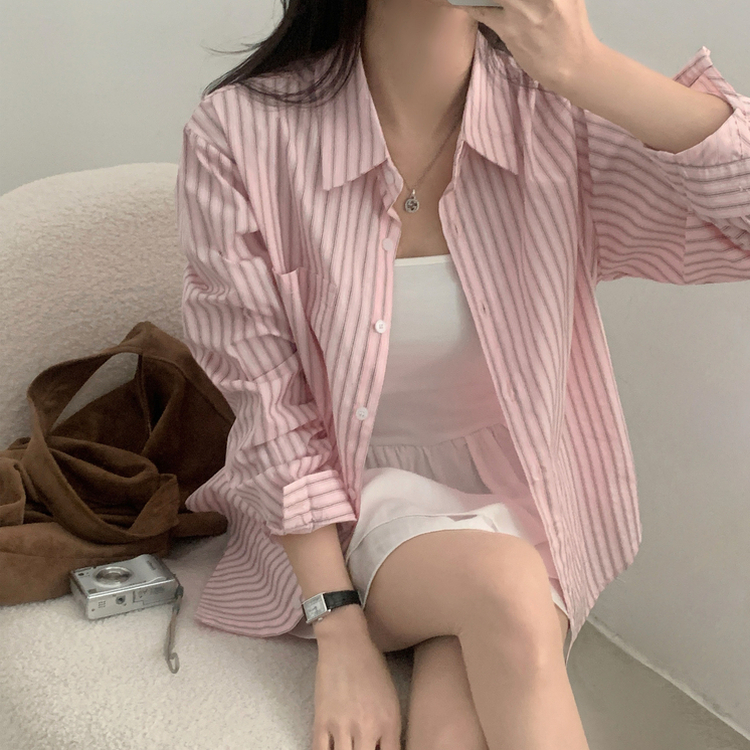 핑커 스트라이프 포켓 루즈핏 카라 셔츠남방 3color