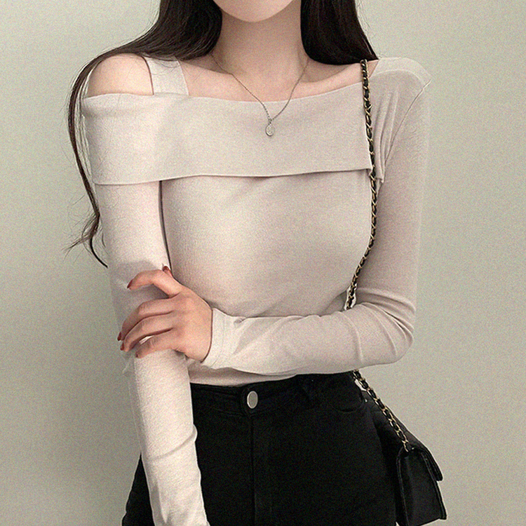 オフショルダーアンバランス長袖Tシャツ BEIGE