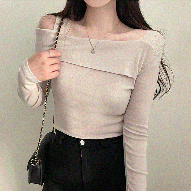 オフショルダーアンバランス長袖Tシャツ BEIGE