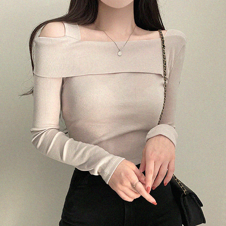 オフショルダーアンバランス長袖Tシャツ BEIGE