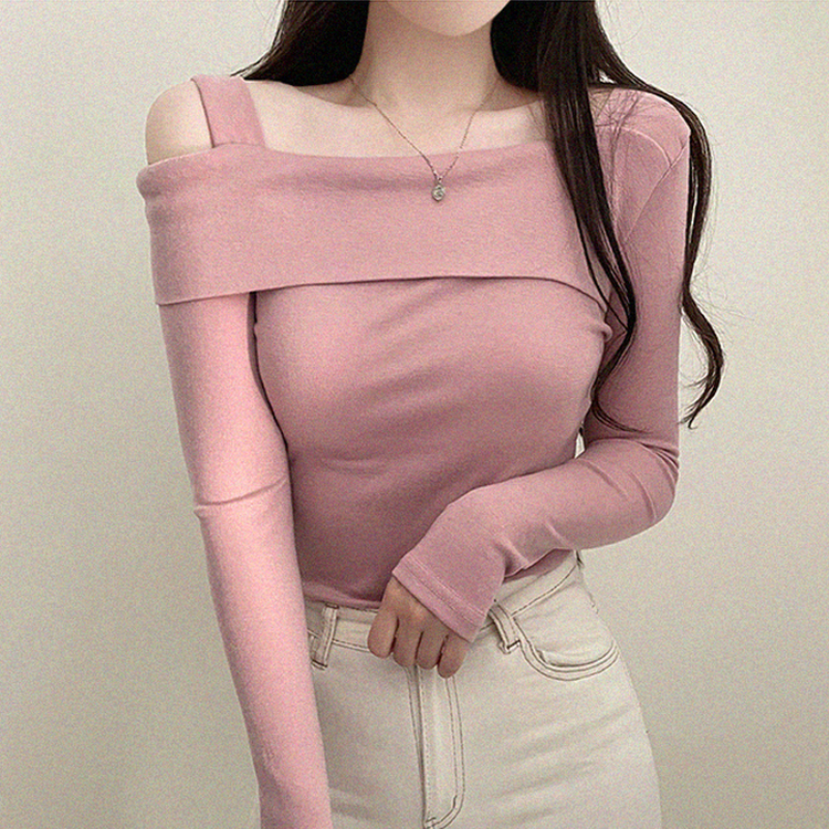 オフショルダーアンバランス長袖Tシャツ PINK
