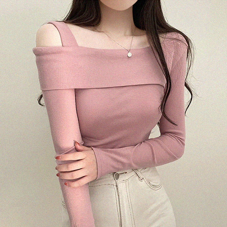 オフショルダーアンバランス長袖Tシャツ PINK