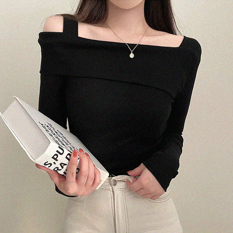 オフショルダーアンバランス長袖Tシャツ BLACK