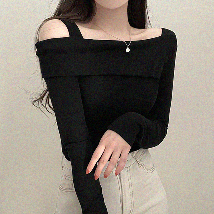 オフショルダーアンバランス長袖Tシャツ BLACK