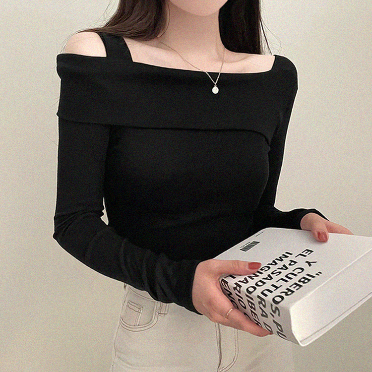 オフショルダーアンバランス長袖Tシャツ BLACK