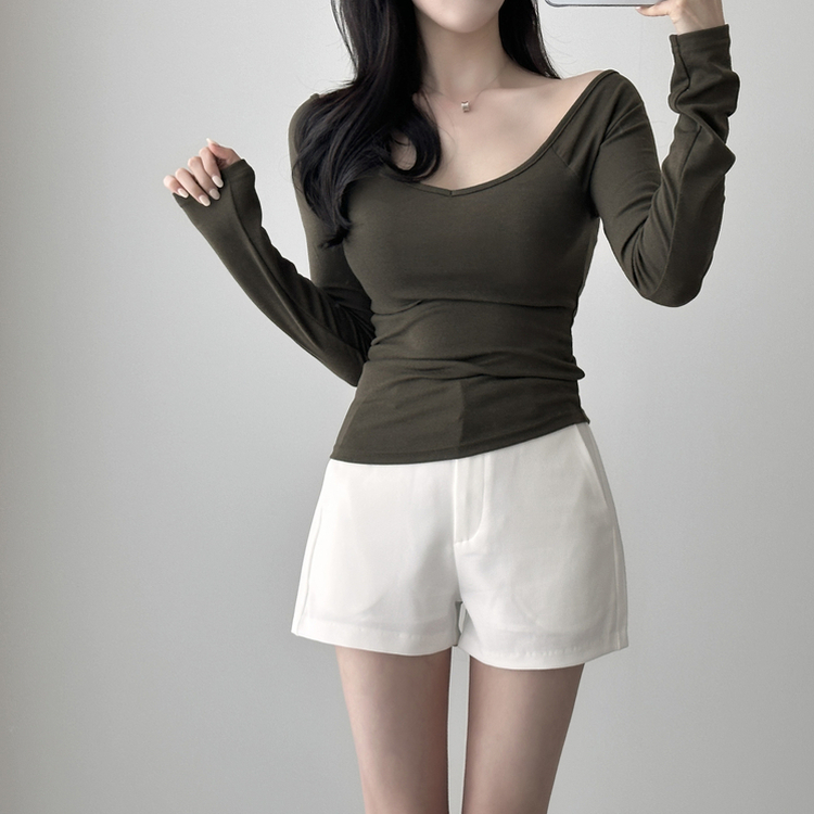 Vネックデイリー長袖Tシャツ(5color) KHAKI