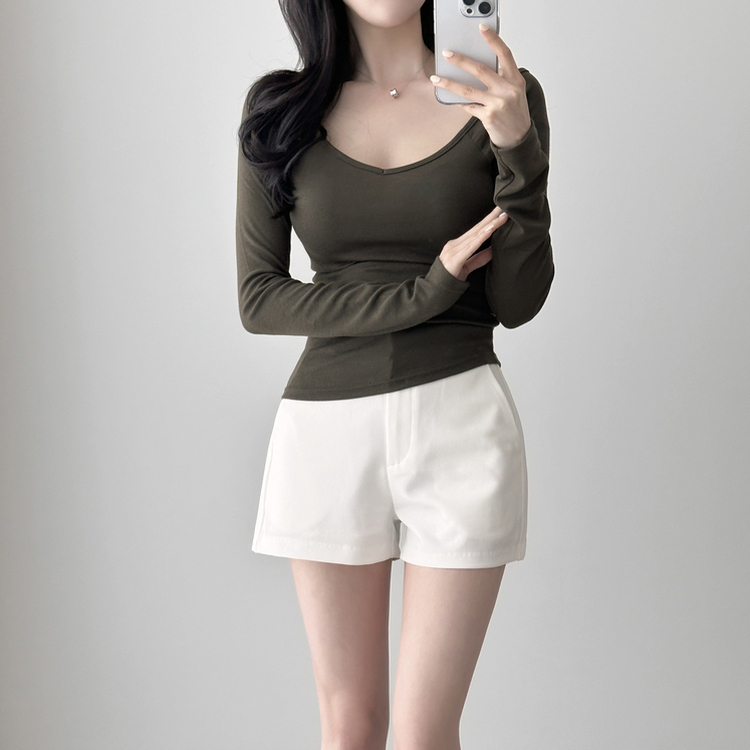 Vネックデイリー長袖Tシャツ(5color) KHAKI