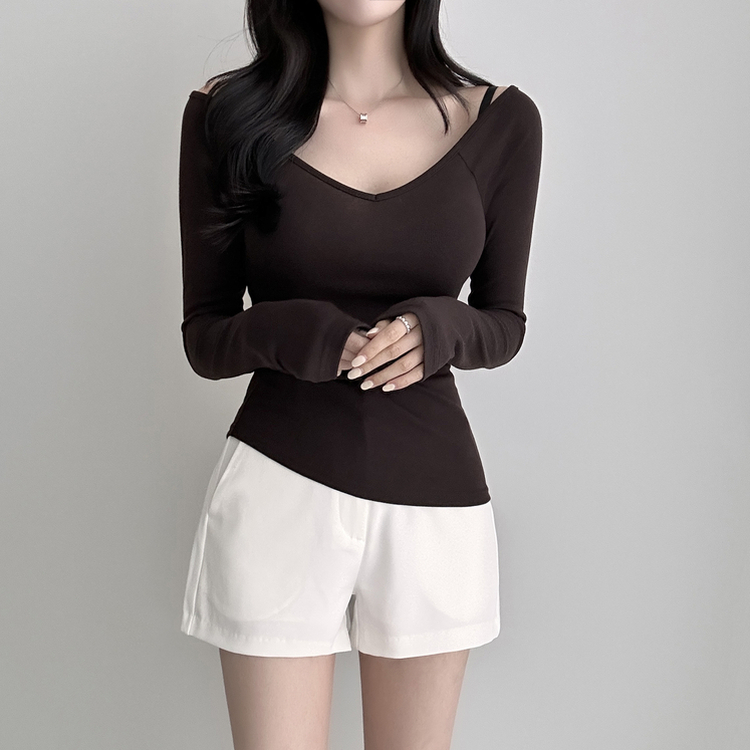 Vネックデイリー長袖Tシャツ(5color) BROWN