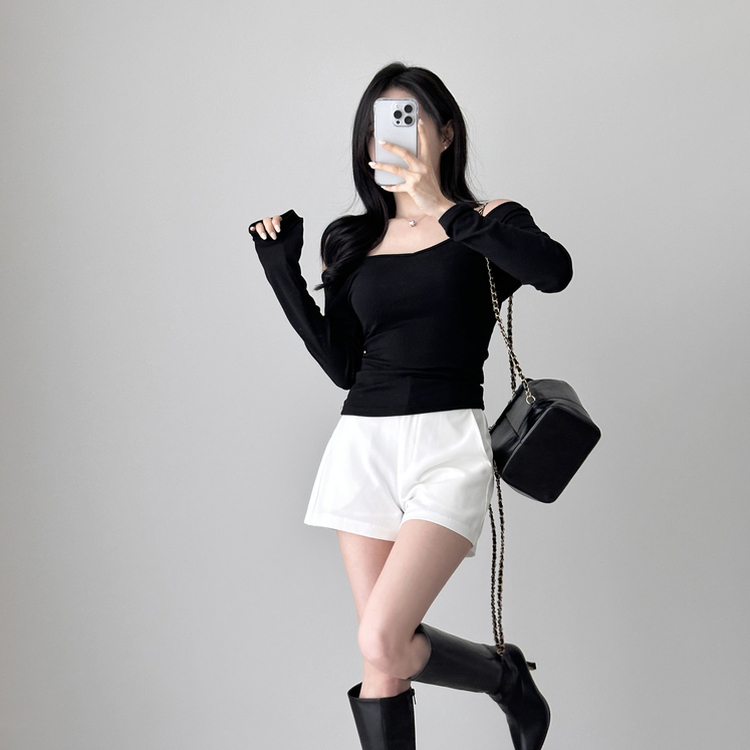 Vネックデイリー長袖Tシャツ(5color) BLACK