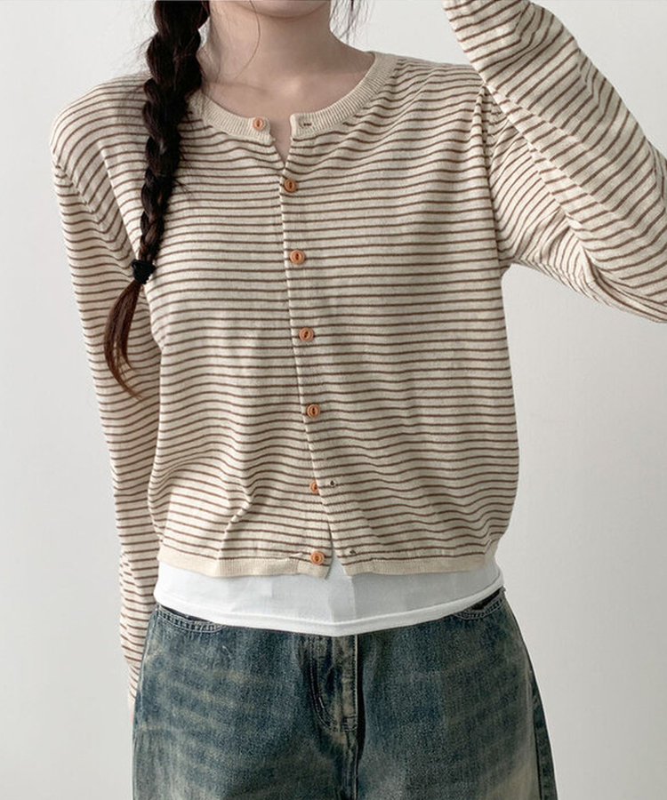 ストライプウッドボタンカーディガン BEIGE
