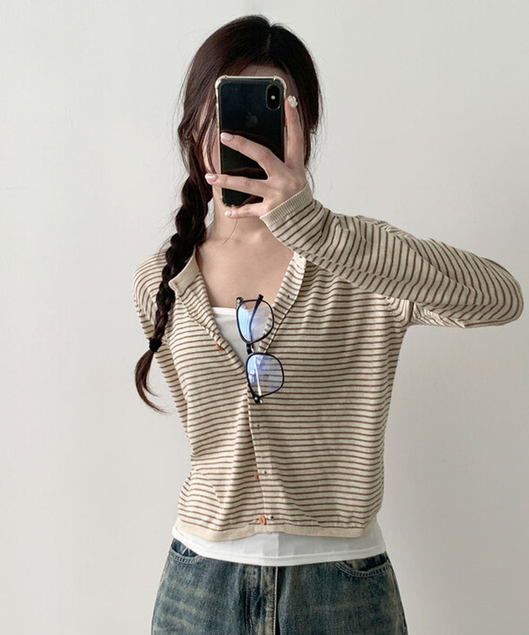 ストライプウッドボタンカーディガン BEIGE