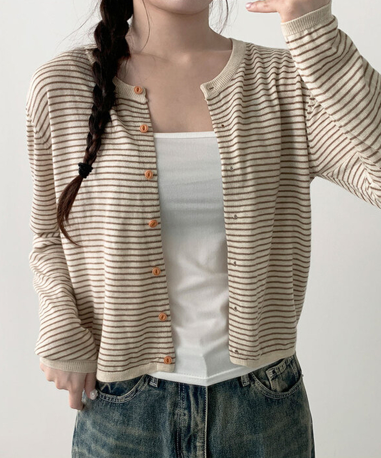 ストライプウッドボタンカーディガン BEIGE