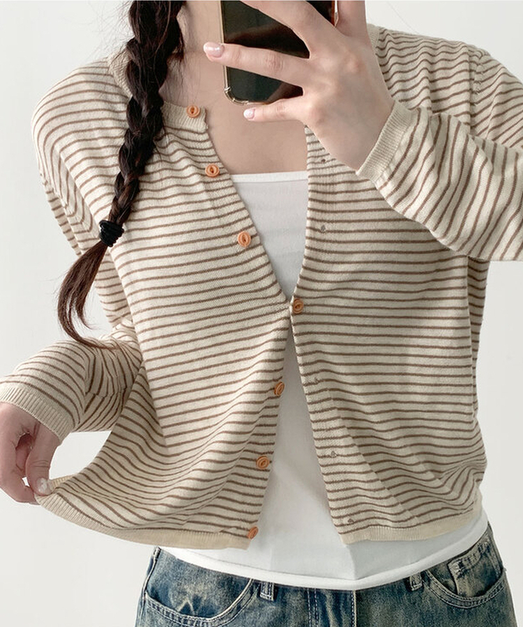 ストライプウッドボタンカーディガン BEIGE