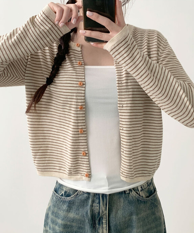 ストライプウッドボタンカーディガン BEIGE