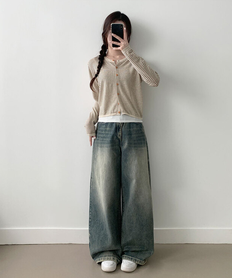 ストライプウッドボタンカーディガン BEIGE