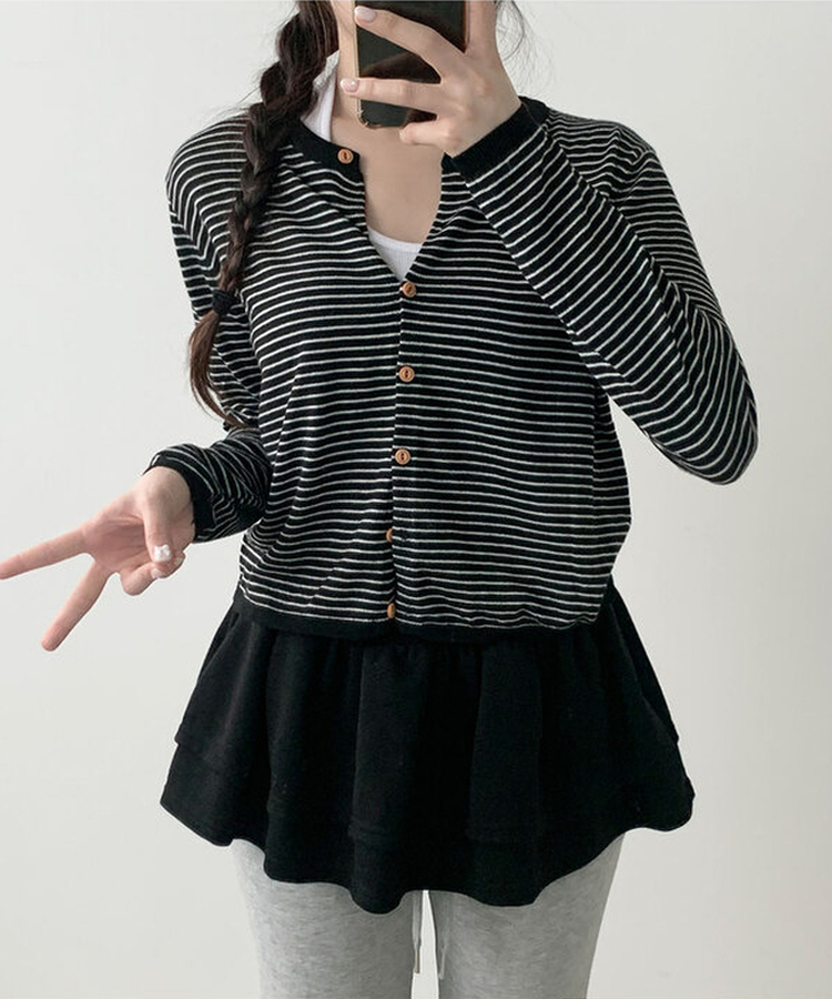 ストライプウッドボタンカーディガン BLACK