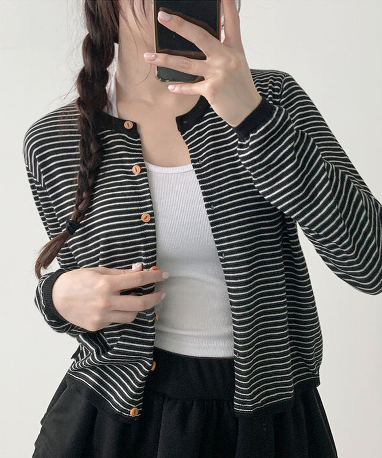 ストライプウッドボタンカーディガン BLACK